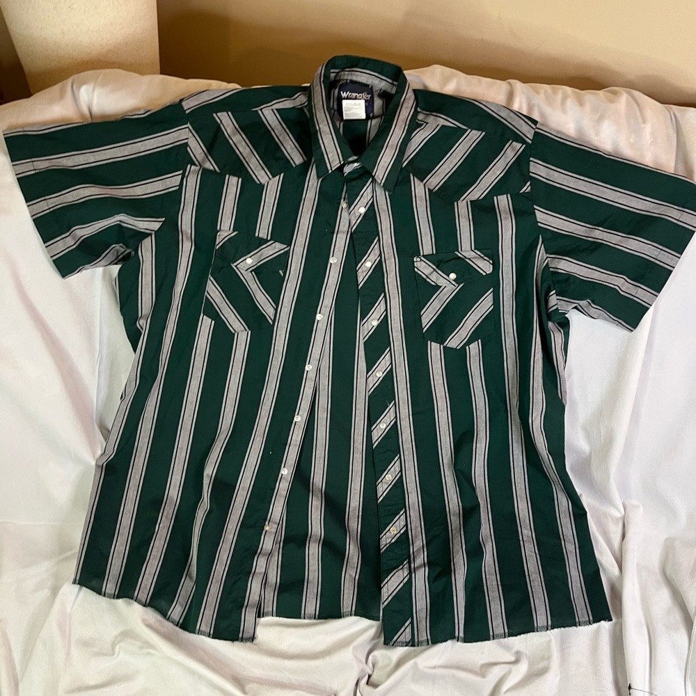 Vintage Wrangler Gray And Green Striped Pearl Snap Short Sleeve Shirt Size 2XL